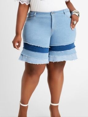 New! Ashley Stewart Blue Patchwork Tiered Denim Bermuda Shorts 18